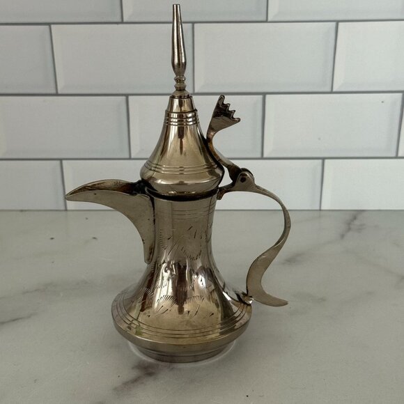 Vintage Middle Eastern Brass Coffee Pot With Engraved Details & Hinged Lid - Picture 3 of 6